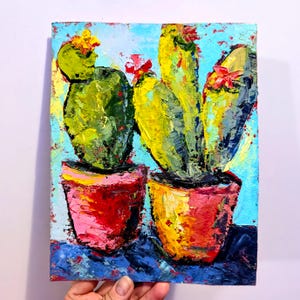 Cactus dans un pot, peinture à l'huile originale, petits empâtements, oeuvre de cactus, oeuvre d'art mexicaine, peinture de cactus, cactus de jardin, art mural de cuisine, 7 x 9 po.