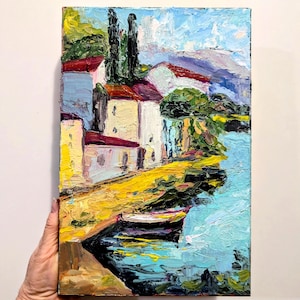 Seaside Town Oil Painting Original Art Italy Painting Coastal Wall Art Houses Original Artwork Italian Landscape Canvas Art Impasto Painting