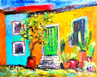 Colorful Mexican Art Original Oil Painting Bright Houses Artwork Mexico Painting Old Town Painting Small Cityscape Cacti Painting 8" x 10"