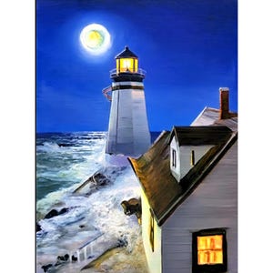 Lighthouse Oil Painting Original Wall Art Lighthouse Artwork House at Sea Painting Night Landscape Small Seascape Original Painting 8&quot; x 12&quot;
