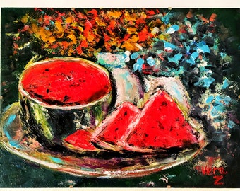 Still Life with Watermelon Painting Original Art Still Life Abstract Oil Painting Food Painting Kitchen Wall Art 12" by 16" by VeraZartShop