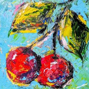 Cherry Painting Original Art Impasto Oil Painting Fruits Wall Art Still Life with Cherry Small Painting Kitchen Artwork  8x8 by VeraZartShop