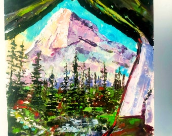 Mountain Painting Original Art Camping Painting National Park Artwork Mountain and Forest Impasto Oil Painting British Columbia Art