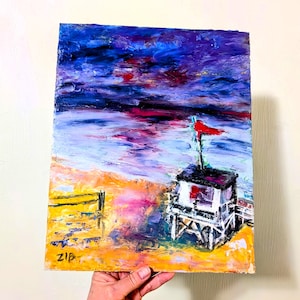 Pintura al óleo de Miami Beach, arte original, puesto de salvavidas, arte mural, pintura de playa oceánica, arte mural original, pintura costera, paisaje de Florida