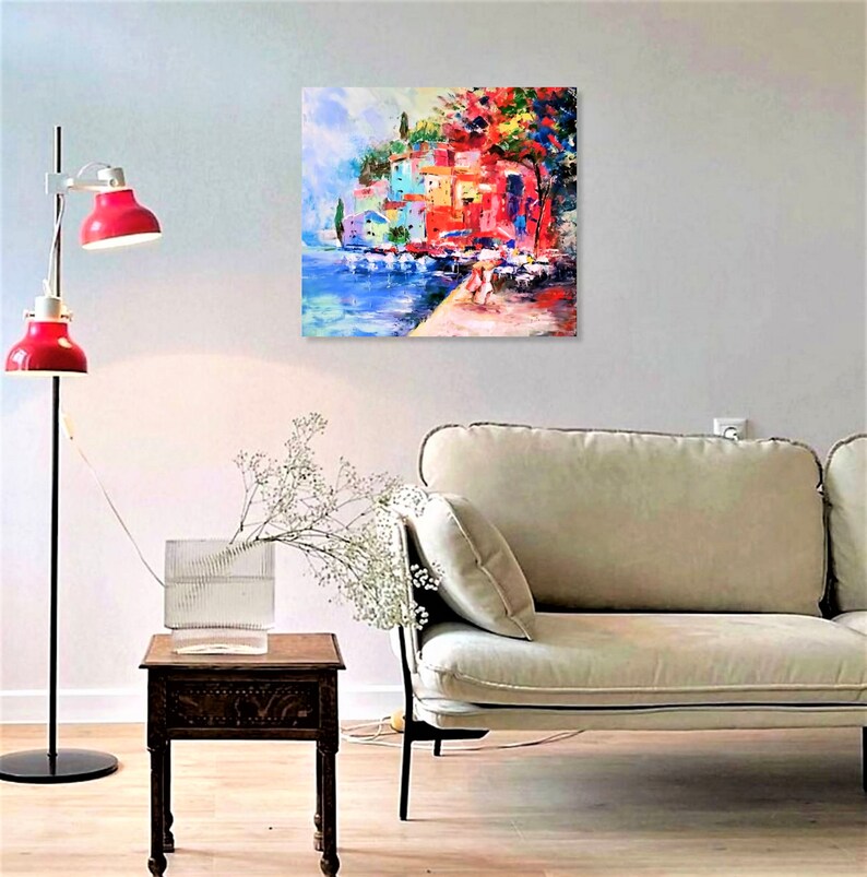 Peinture à l'huile originale de paysage italien de la côte amalfitaine, peinture de paysage marin, paysage urbain, art mural, toile, empâtement par VeraZartShop image 6