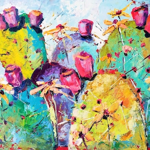 Cactus en fleurs, peinture à l'huile originale, oeuvre de cactus Art floral, cactus de l'Arizona, peinture du désert, empâtement coloré, 20 x 10 po.