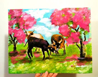 Spring Painting Original Art Cow Painting Rural Landscape Blooming Trees Painting Farm Animal Painting Cows Artwork Meadow Wall Art 11"x 14"