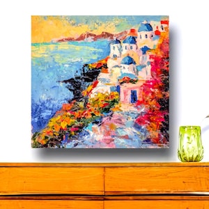 Santorini Painting Original Art Greece Landscape White Houses Painting Living Room Wall Art Oil Painting Seaside Town Canvas Art 24" x 24"