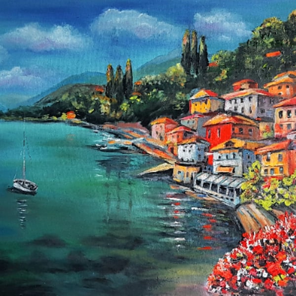 Peinture italienne, oeuvre d'art originale réalisée sur commande, peinture à l'huile, paysage marin italien, lac de Côme, peinture, toile, art, décoration murale, maison, par VeraZartShop