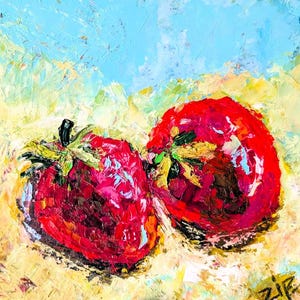 Strawberry Painting Original Art Small Oil Painting Berry Artwork Still Life with Strawberry Original Impasto Painting Kitchen Wall Art 8x8&quot;