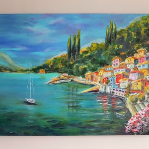 Lake Como Oil Painting Original Art Houses Painting Italian Seascape Canvas Art Wall Decor Original Wall Art Seaside Town by VeraZartShop