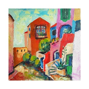 Colorful Houses Original Oil Painting Mexico Cityscape Bright Houses Artwork Old Town Painting Small City Landscape Original Wall Art 10x10&quot;