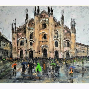 Milan Painting Italian Cityscape Original Oil Painting on Canvas Italy Wall Art Milan Cathedral Duomo Large Painting Living Room Wall Decor