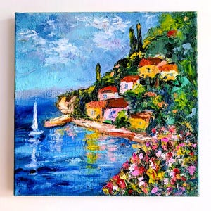 Lake Como Italy Painting Original Art Oil Painting Original Italy Wall Art Italian Seaside Town Italian Landscape Canvas Art Houses by Sea