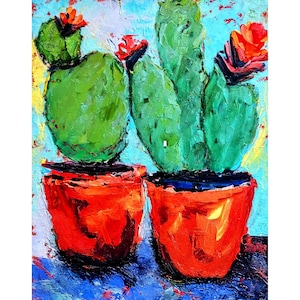 Cactus dans un pot, peinture à l'huile originale, art floral, petits empâtements, oeuvre d'art de cactus, peinture de cactus mexicain, art mural de cuisine, 20 x 10 po.