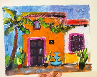 Mexican Hacienda Oil Painting Original Art Colorful House Artwork Mexico Cityscape Impasto Painting Cactus Garden Artwork  11" x 14"