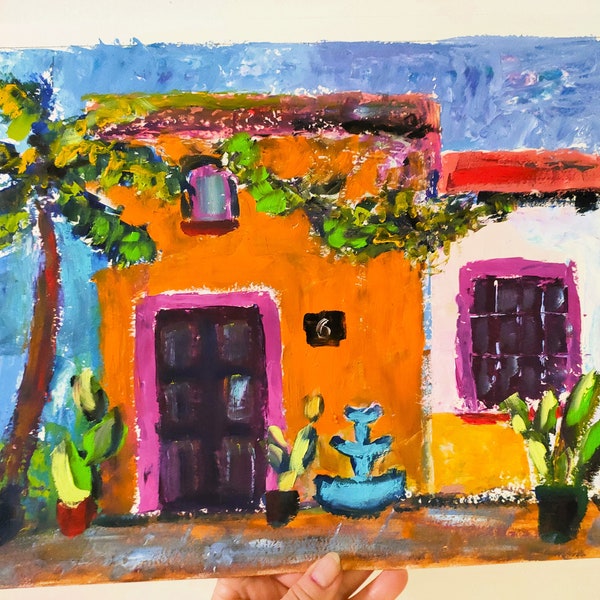 Mexican Hacienda Oil Painting Original Art Colorful House Artwork Mexico Cityscape Impasto Painting Cactus Garden Artwork  11" x 14"