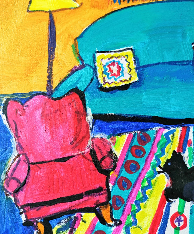 Mexican House Painting Original Art Living Room Scene Colorful Acrylic