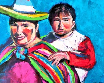 Mexican Woman Original Oil Painting Mexican Art Colorful Painting Woman in Mexican Dress Mexican Child Artwork Canvas Art Living Room Decor