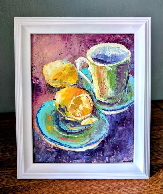 静物画 油彩 レモンとカップ　額縁つき　油絵 静物画 油彩 レモンとカップ 額縁つき 油絵