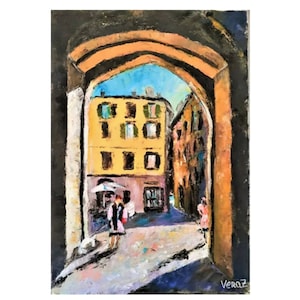 Old Town Oil Painting Original Art Italian Cityscape Living Room Painting European City Italy Wall Art Canvas Art Archway Painting 20&quot; x 14&quot;