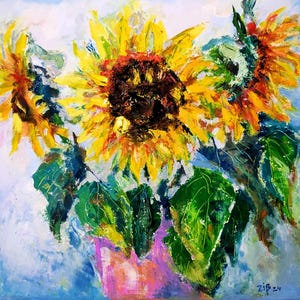 Sunflowers Oil Painting Original Art Sunflowers In a Vase Original Wall Art Floral Painting Canvas Art Vase Painting Yellow Flowers 16&quot;x 16&quot;
