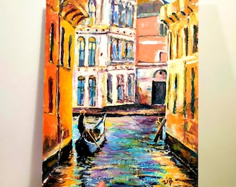 Venice Painting Original Art Venice Cityscape Italian Landscape Oil Impasto Painting Venetian Canal Gondola Painting Modern Art 12" x 16"