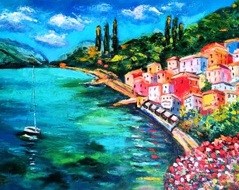 Italy Painting Original Art Large Oil Painting Canvas Art Italian Landscape Lake Como Painting Old Colorful Houses Seaside Town Wall Art