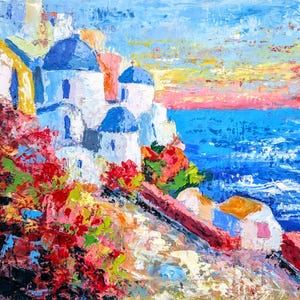 Santorini Original Oil Painting Greece Landscape White Houses Painting Mediterranean Art Seaside Town Wall Art Coastal Artwork 12" x 12"