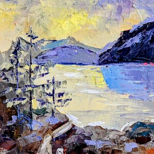 Glacier Park Original oil Painting Landscape with Lake, Mountain and Pine Trees Original Art Montana Landscape Small Impasto Painting 10x 8&quot;