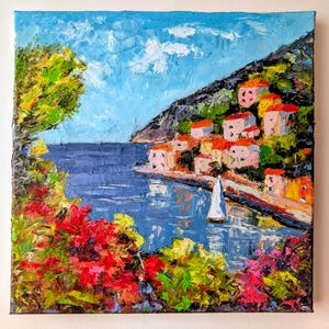 Mediterranean Town Oil Painting Original Art Italian Coast Lake Como Wall Art Canvas Art Seascape Painting Impasto Old Houses and Flowers