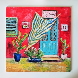 Mexican House Painting Original Art Oil Painting Red House Artwork Mexican Art Small Impasto Mexican Painting Courtyad Wall Art 10&quot; by 10&quot;