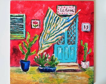 Mexican House Painting Original Art Oil Painting Red House Artwork Mexican Art Small Impasto Mexican Painting 10" by 10" by VeraZartShop