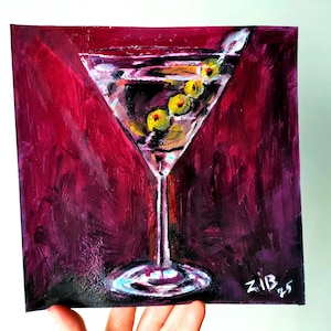 Martini with Olives Oil Painting Original Art Still Life Painting Martini Artwork Kitchen Wall Art Olives on a Skewer Original Artwork 10x10