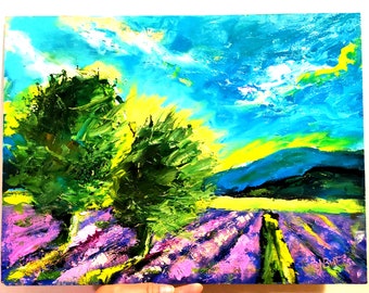 Lavender Fields Original Oil Painting Mountain Landscape Oregon Painting Trees Artwork Impasto Painting Lavender Abstract Art 12" by 16"