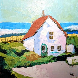 Weißes Landhaus Ölgemälde Originales Haus Irisches Dorf Landhaus Kunstwerk Irische Landschaft Altes Haus Wandkunst Kleines Gemälde 20 x 20 cm