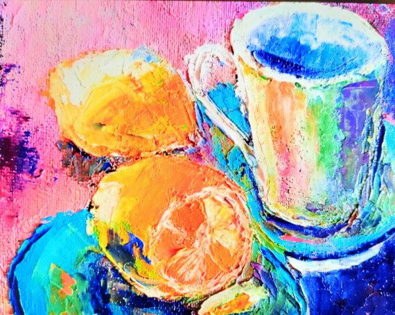 静物画 油彩 レモンとカップ 額縁つき 油絵 静物画 油彩 レモン