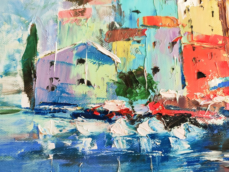 Peinture à l'huile originale de paysage italien de la côte amalfitaine, peinture de paysage marin, paysage urbain, art mural, toile, empâtement par VeraZartShop image 4