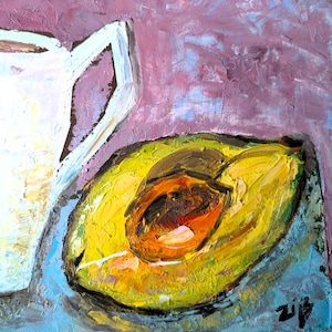 Avocado Painting Original Art Small Oil Painting Avocado Wall Art Still Life with Avocado Original Painting Kitchen Artwork with Vegetables