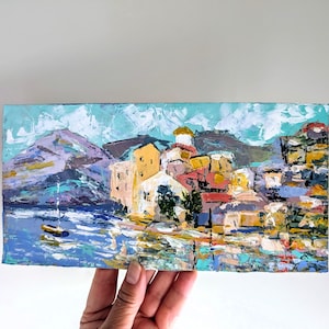 Seaside Town Oil Painting Impasto Original Art Coastal Landscape Seascape Wall Art Italian Coast Impressionist Art Small Oil Painting 5&quot;x10&quot;