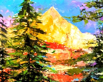 Peinture à l'huile de montagne, oeuvre d'art originale de pins, peinture colorée, petit paysage de montagne, oeuvre d'art murale avec des montagnes aube 20 x 20 cm