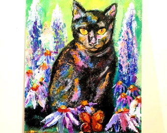 Black Cat in Garden Original Oil Painting Cat Painting Animal Artwork Garden Flowers Painting Small Artwork with Cat Original Art