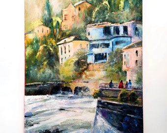 Portofino Painting Original Art Large Oil Painting Italian Landscape Canvas Art Italy Painting Monochrome Artwork Seaside Town Mediterranean