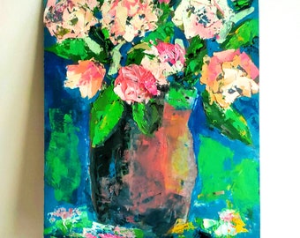 Vase Painting Original Art Flowers in a Vase Small Oil Painting Roses Painting Floral Art Rose Artwork Colorful Impasto Painting 10" by 8"