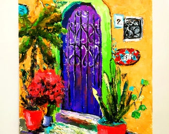 Colorful Mexican Painting Original Art Mexican House Artwork Door Painting Mexico Painting Courtyard Painting Garden Painting 10" by 8"