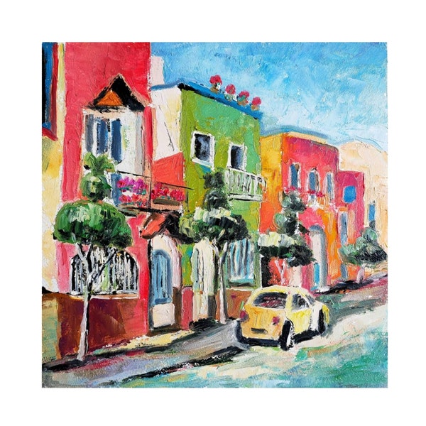 Art mexicain coloré original peinture à l'huile Mexique maison lumineuses maisons oeuvre vieille ville peinture petite ville paysage 10 x 10 po