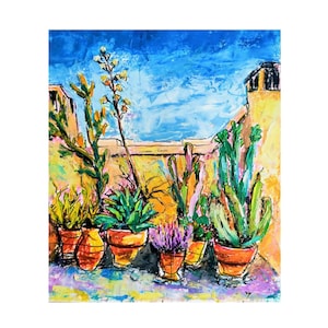 Pintura al óleo original de cactus mexicanos Cactus en una maceta Pintura pequeña de empasto Arte mexicano Pintura de cactus Jardín México 10" x 8"