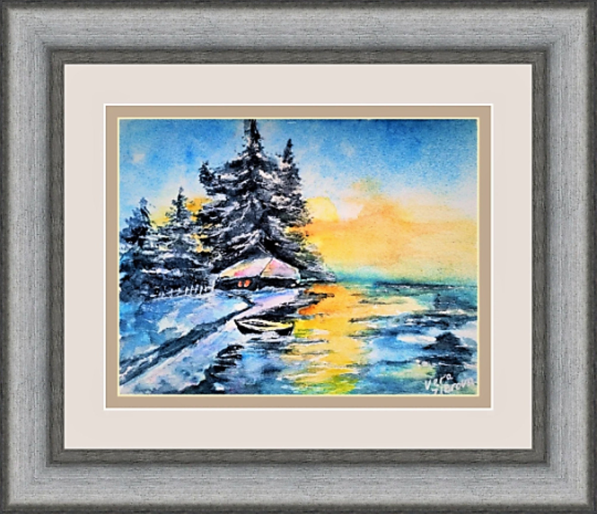 9.8x12.6 inch Winter Painting landscape Turquoise Mountain River Original Watercolor Artwork Painting for Gift