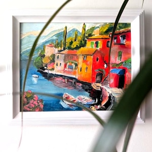 Italian Landscape Oil Painting Original Art Lake Como Artwork Seaside Town Painting Canvas Art Italy Wall Art Como Painting 16" x 20"