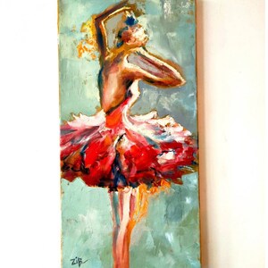 Ballerina Original Oil Painting Canvas Art Dancing Woman Modern Art Dance Painting Ballerina in Red Living Room Wall Art Ballet 24 by 12&quot;